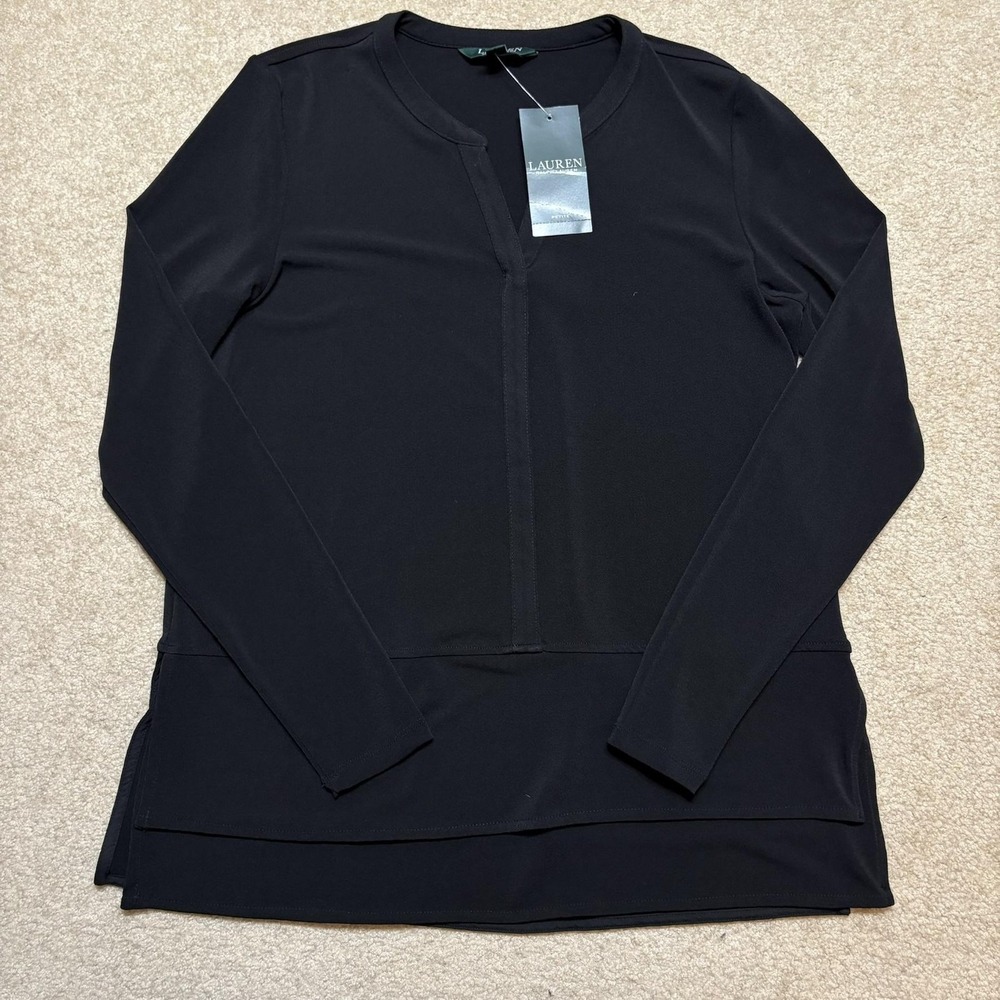 Lauren Ralph Lauren‎ Tunic Blouse NWT Womens PM Black Petite Stretch Layered Hem